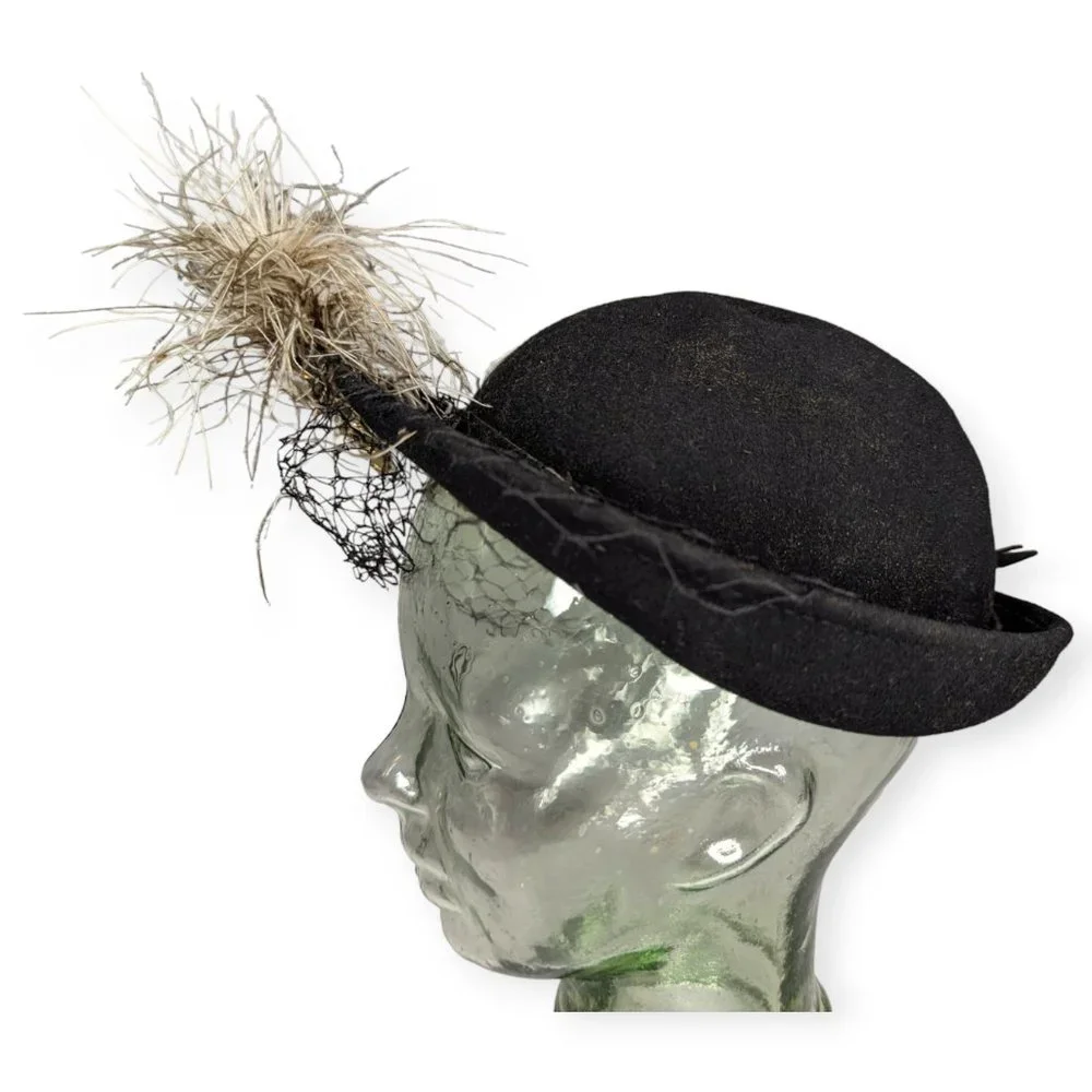 Vintage Merrimac 100% Black Wool Hat with Feathers and Jeweled Accent - Picture 6 of 10
